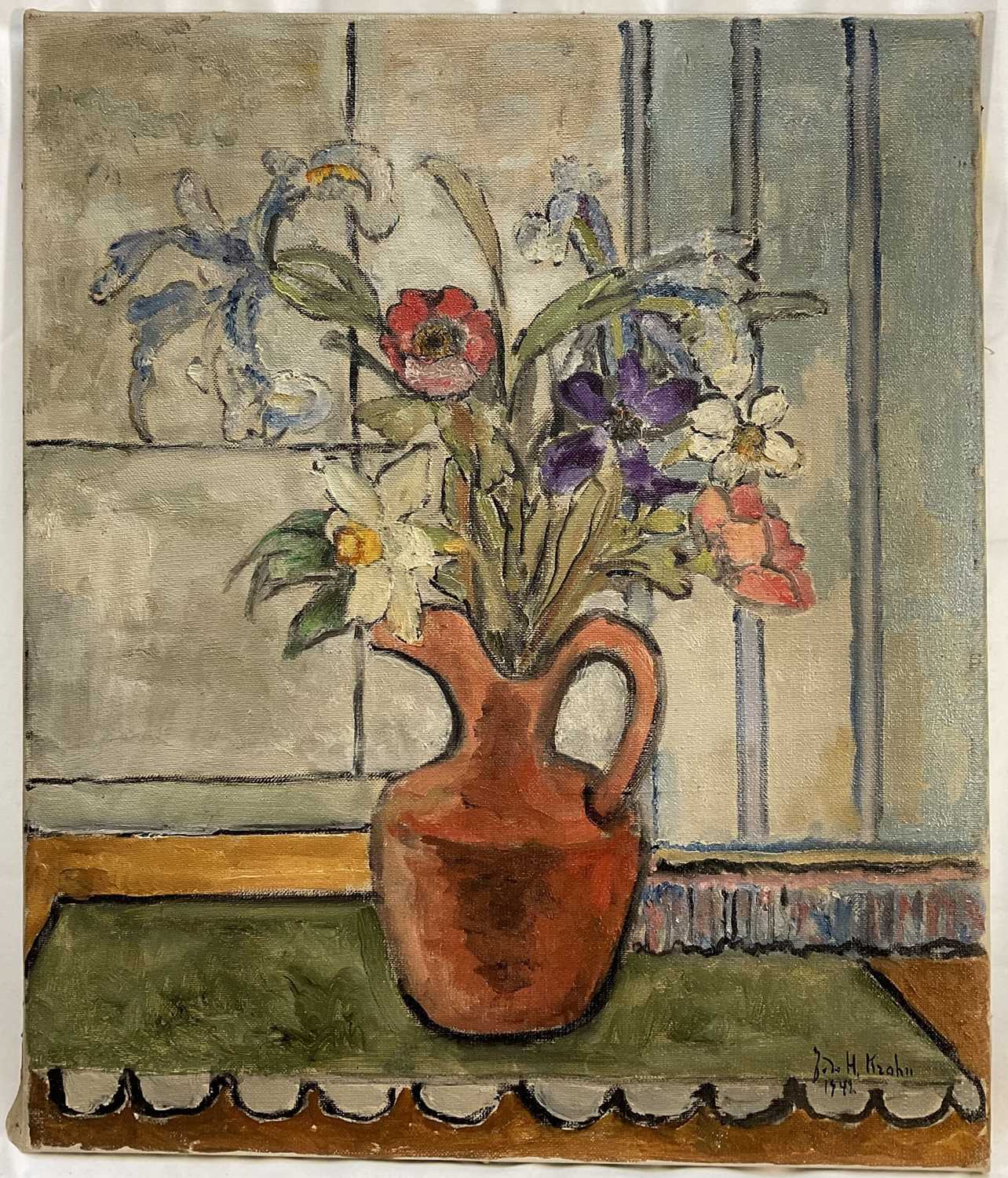 Lot 35 - Julie de Holmberg Krohn (Norwegian 1882-1956) oil on canvas, flowers by the window, signed and dated 1942, inscribed verso, unframed