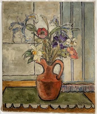Lot 35 - Julie de Holmberg Krohn (Norwegian 1882-1956) oil on canvas, flowers by the window, signed and dated 1942, inscribed verso, unframed