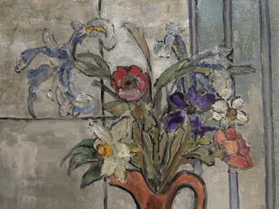 Lot 35 - Julie de Holmberg Krohn (Norwegian 1882-1956) oil on canvas, flowers by the window, signed and dated 1942, inscribed verso, unframed
