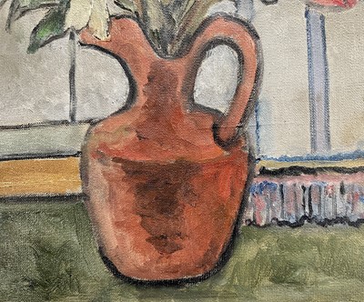 Lot 35 - Julie de Holmberg Krohn (Norwegian 1882-1956) oil on canvas, flowers by the window, signed and dated 1942, inscribed verso, unframed