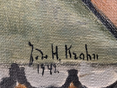 Lot 35 - Julie de Holmberg Krohn (Norwegian 1882-1956) oil on canvas, flowers by the window, signed and dated 1942, inscribed verso, unframed