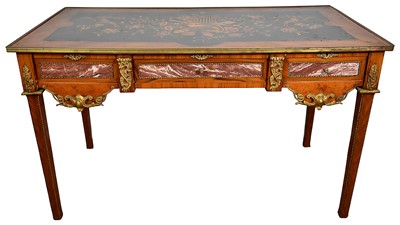 Lot 1287 - Louis XVI style walnut marquetry, marble and gilt metal mounted bureau plat