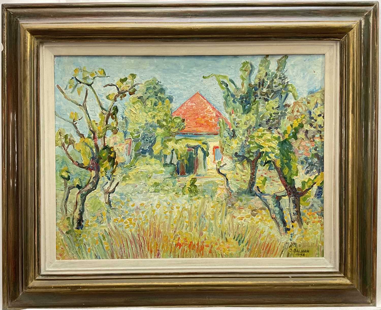 Lot 17 - J. Galuba, Polish, oil on board, Summer garden, signed and dated 1946, 33cm x 44cm, framed