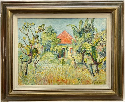 Lot 17 - J. Galuba, Polish, oil on board, Summer garden, signed and dated 1946, 33cm x 44cm, framed