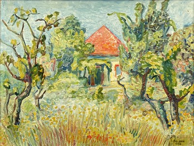 Lot 17 - J. Galuba, Polish, oil on board, Summer garden, signed and dated 1946, 33cm x 44cm, framed