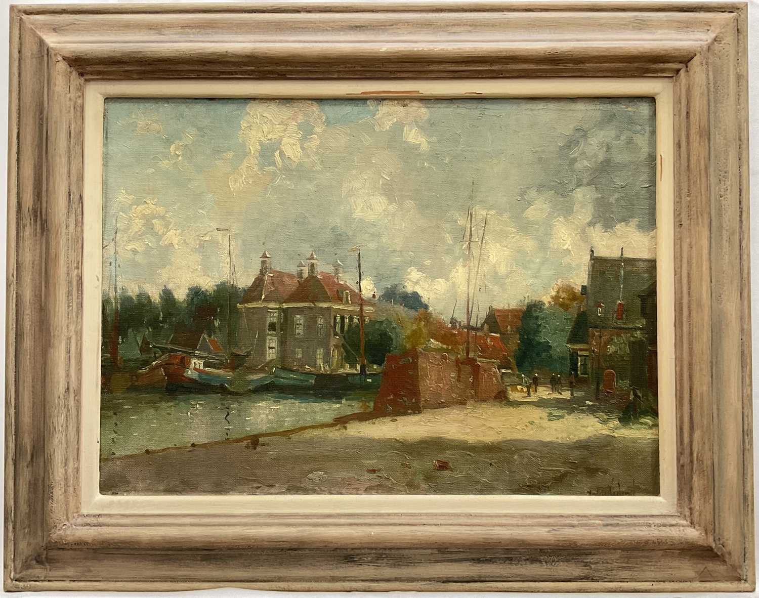 Lot 16 - Dutch school, 20th century oil on board, Canal scene, signed indistinctly lower right, 32cm x 45cm, framed