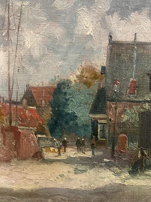 Lot 16 - Dutch school, 20th century oil on board, Canal scene, signed indistinctly lower right, 32cm x 45cm, framed