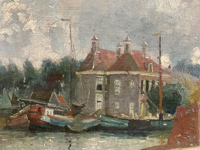 Lot 16 - Dutch school, 20th century oil on board, Canal scene, signed indistinctly lower right, 32cm x 45cm, framed