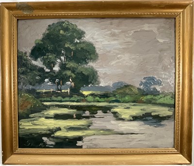 Lot 12 - English School, 20th century oil on board, river landscape, signed indistinctly, 50cm x 60cm, framed
