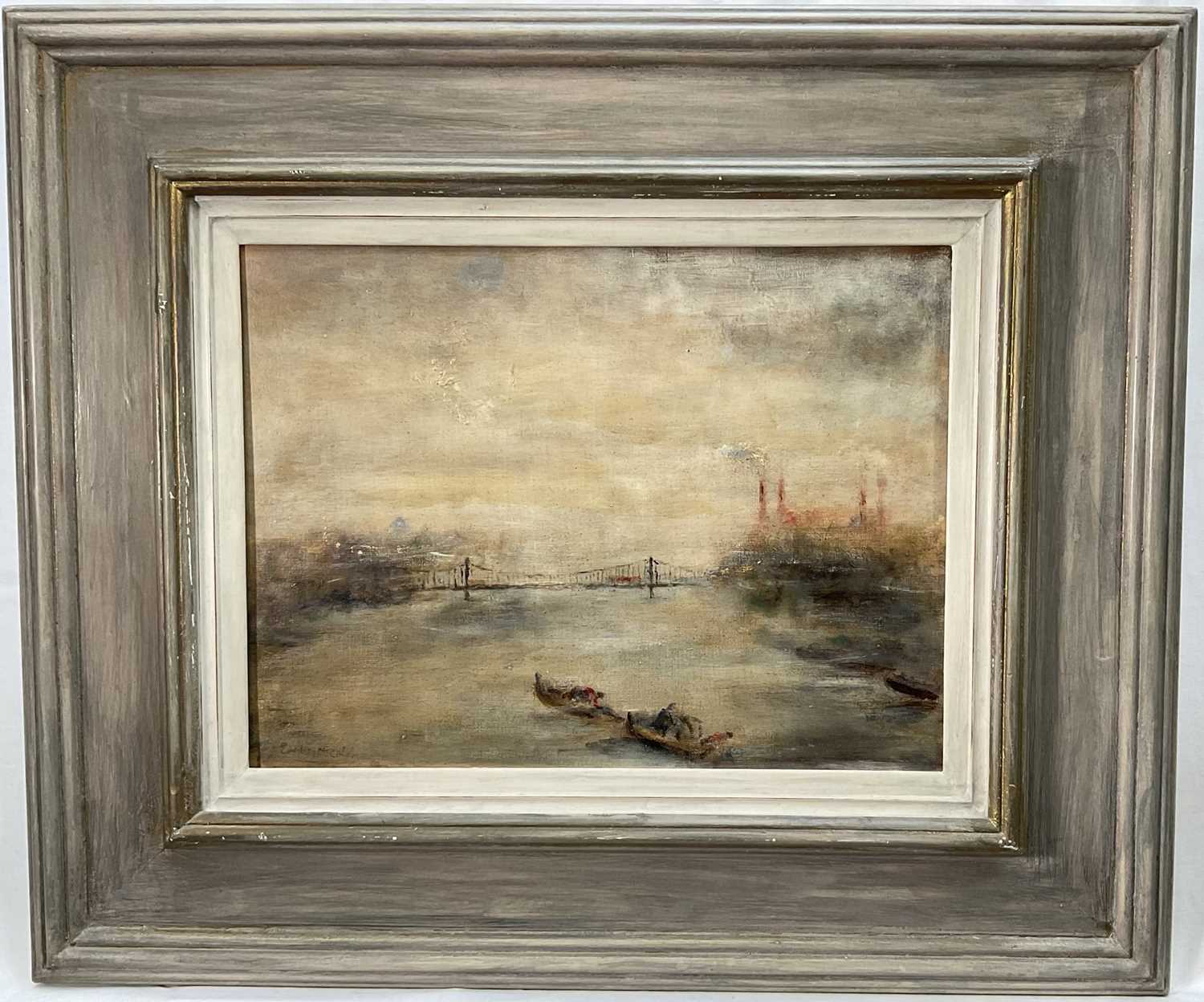 Lot 14 - English School, 20th century, oil on board, Battersea Power Station in early morning fog, indistinctly signed, titled verso, 29cm x 38cm, framed