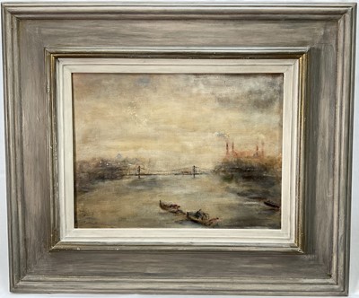 Lot 14 - English School, 20th century, oil on board, Battersea Power Station in early morning fog, indistinctly signed, titled verso, 29cm x 38cm, framed