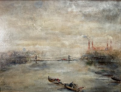 Lot 14 - English School, 20th century, oil on board, Battersea Power Station in early morning fog, indistinctly signed, titled verso, 29cm x 38cm, framed