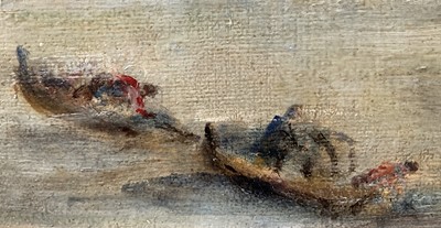 Lot 14 - English School, 20th century, oil on board, Battersea Power Station in early morning fog, indistinctly signed, titled verso, 29cm x 38cm, framed