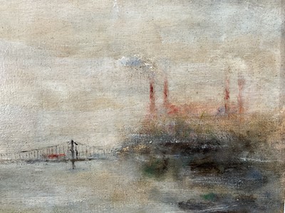Lot 14 - English School, 20th century, oil on board, Battersea Power Station in early morning fog, indistinctly signed, titled verso, 29cm x 38cm, framed