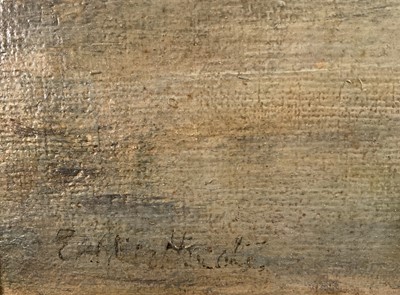 Lot 14 - English School, 20th century, oil on board, Battersea Power Station in early morning fog, indistinctly signed, titled verso, 29cm x 38cm, framed