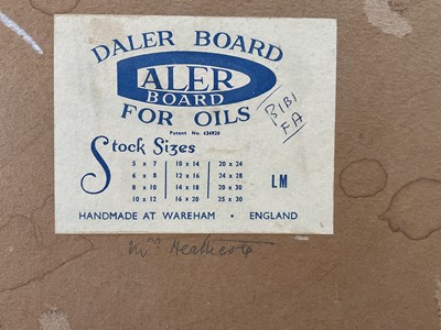 Lot 14 - English School, 20th century, oil on board, Battersea Power Station in early morning fog, indistinctly signed, titled verso, 29cm x 38cm, framed