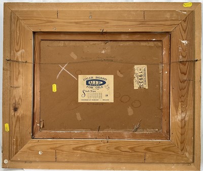 Lot 14 - English School, 20th century, oil on board, Battersea Power Station in early morning fog, indistinctly signed, titled verso, 29cm x 38cm, framed