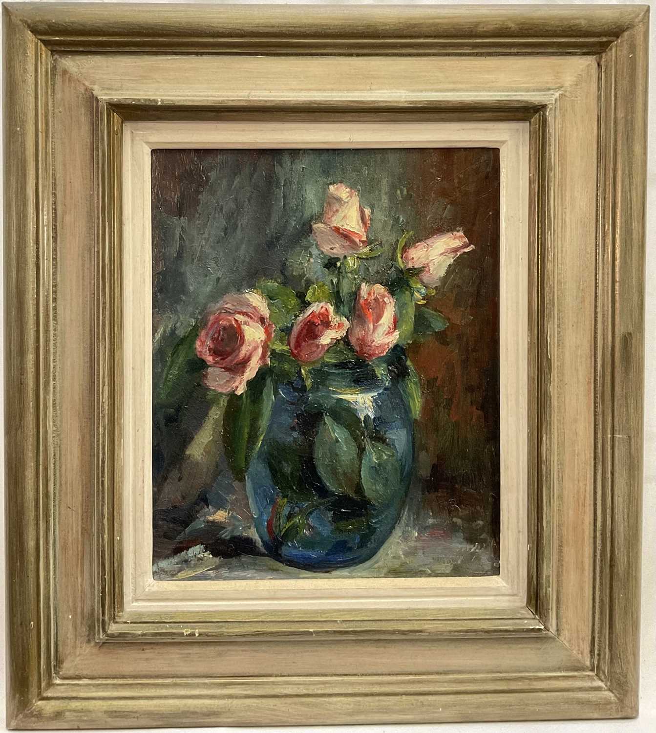Lot 13 - Sophia Wysocka (1915-2008) oil on board, Roses in a blue vase, inscribed and dated 1988 verso, 31cm x 25cm, framed
