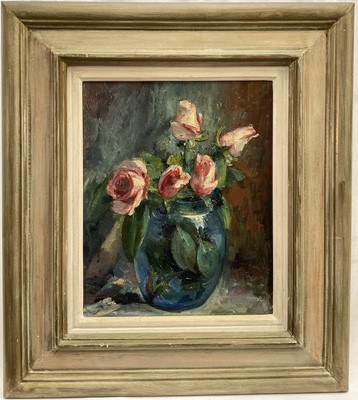 Lot 13 - Sophia Wysocka (1915-2008) oil on board, Roses in a blue vase, inscribed and dated 1988 verso, 31cm x 25cm, framed