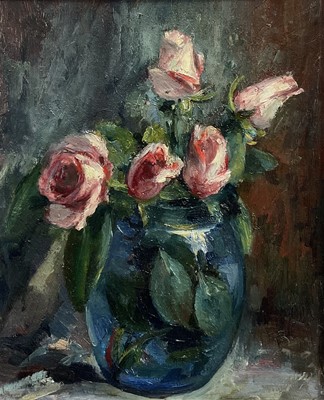 Lot 13 - Sophia Wysocka (1915-2008) oil on board, Roses in a blue vase, inscribed and dated 1988 verso, 31cm x 25cm, framed