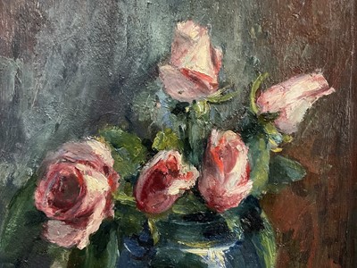 Lot 13 - Sophia Wysocka (1915-2008) oil on board, Roses in a blue vase, inscribed and dated 1988 verso, 31cm x 25cm, framed