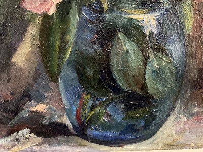 Lot 13 - Sophia Wysocka (1915-2008) oil on board, Roses in a blue vase, inscribed and dated 1988 verso, 31cm x 25cm, framed