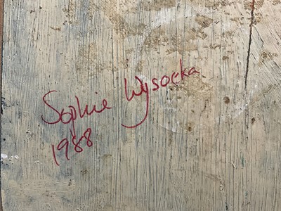 Lot 13 - Sophia Wysocka (1915-2008) oil on board, Roses in a blue vase, inscribed and dated 1988 verso, 31cm x 25cm, framed