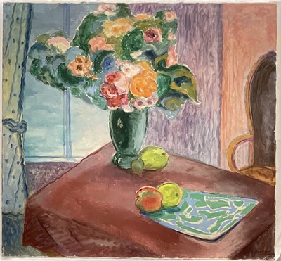 Lot 7 - Omar Kvalvaag (Norwegian, 1909-1997) oil on canvas, Flowers and fruit on a table by a window, signed and dated 1940, 61cm x 65cm, unframed