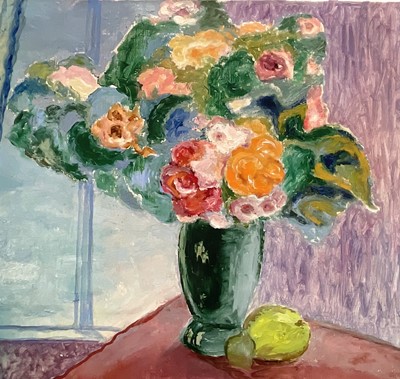 Lot 7 - Omar Kvalvaag (Norwegian, 1909-1997) oil on canvas, Flowers and fruit on a table by a window, signed and dated 1940, 61cm x 65cm, unframed