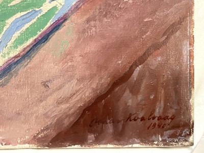 Lot 7 - Omar Kvalvaag (Norwegian, 1909-1997) oil on canvas, Flowers and fruit on a table by a window, signed and dated 1940, 61cm x 65cm, unframed