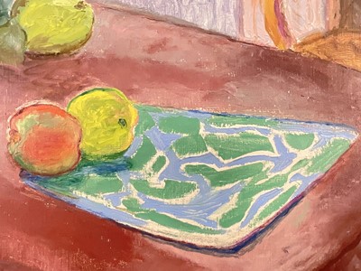 Lot 7 - Omar Kvalvaag (Norwegian, 1909-1997) oil on canvas, Flowers and fruit on a table by a window, signed and dated 1940, 61cm x 65cm, unframed