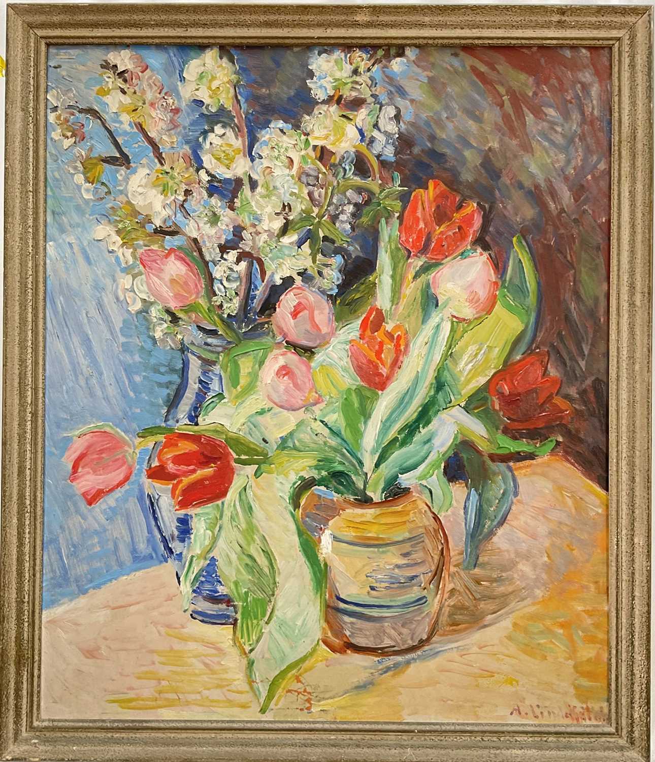 Lot 8 - A. Lindfield, 20th century oil on board, Tulips and Blossom, signed, 64cm x 53cm, framed