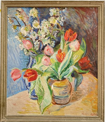 Lot 8 - A. Lindfield, 20th century oil on board, Tulips and Blossom, signed, 64cm x 53cm, framed