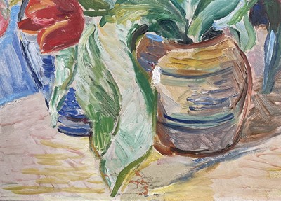 Lot 8 - A. Lindfield, 20th century oil on board, Tulips and Blossom, signed, 64cm x 53cm, framed