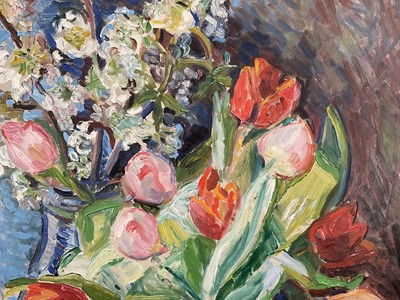 Lot 8 - A. Lindfield, 20th century oil on board, Tulips and Blossom, signed, 64cm x 53cm, framed