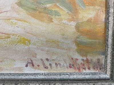 Lot 8 - A. Lindfield, 20th century oil on board, Tulips and Blossom, signed, 64cm x 53cm, framed