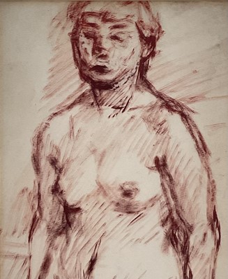Lot 10 - Cynthia Pell (1933-1977) ink study of a standing female nude, pencil signed, 55cm x 19cm, glazed frame (top edge frame missing)