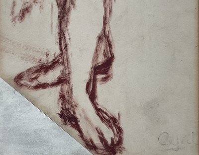 Lot 10 - Cynthia Pell (1933-1977) ink study of a standing female nude, pencil signed, 55cm x 19cm, glazed frame (top edge frame missing)