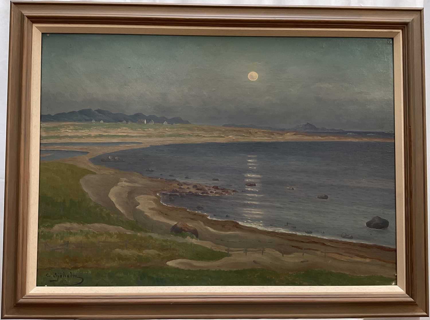 Lot 45 - C. Sjöhalm, Norwegian School, oil on board, moonlit bay, signed, 53cm x 74cm, framed