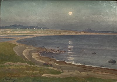 Lot 45 - C. Sjöhalm, Norwegian School, oil on board, moonlit bay, signed, 53cm x 74cm, framed