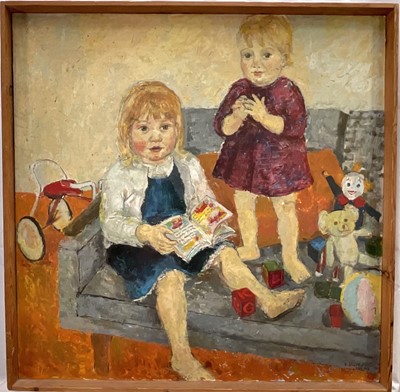 Lot 48 - Swedish School, oil on board, signed V. Gowland dated Nov. 1963, Two young girls with toys, 74cm x 74cm, framed