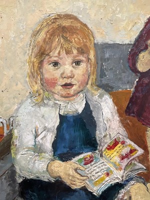 Lot 48 - Swedish School, oil on board, signed V. Gowland dated Nov. 1963, Two young girls with toys, 74cm x 74cm, framed