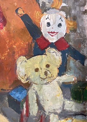 Lot 48 - Swedish School, oil on board, signed V. Gowland dated Nov. 1963, Two young girls with toys, 74cm x 74cm, framed