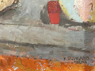 Lot 48 - Swedish School, oil on board, signed V. Gowland dated Nov. 1963, Two young girls with toys, 74cm x 74cm, framed