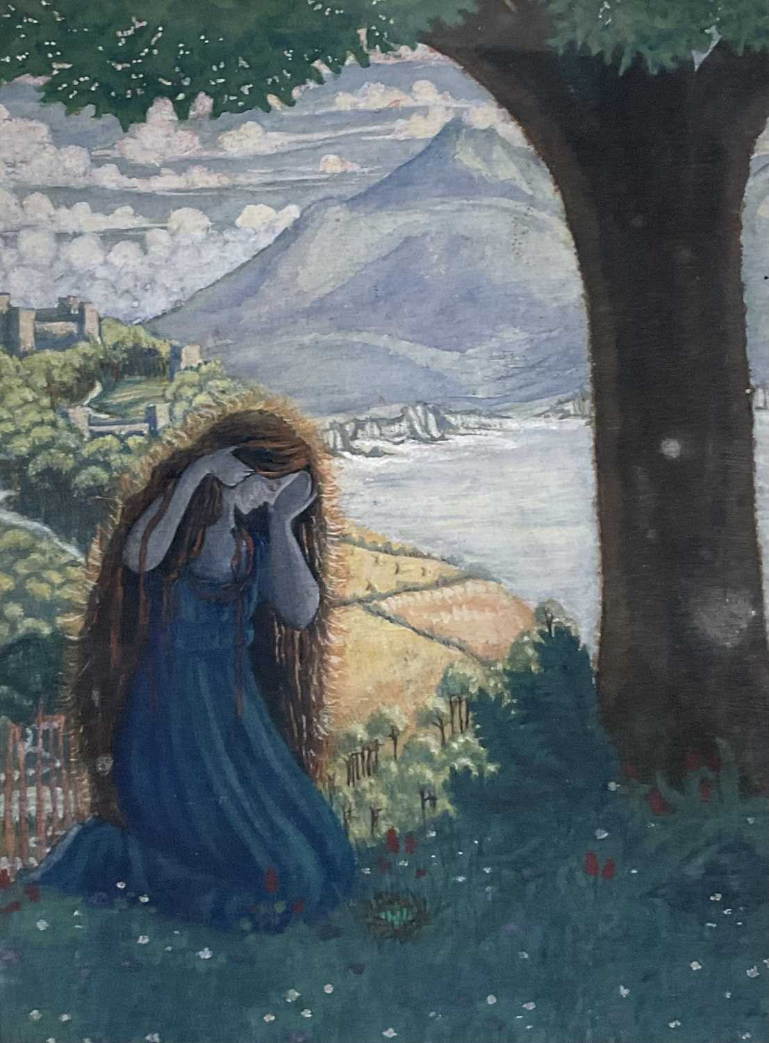 Lot 53 - Patience Mary Hallward (1892-1981) watercolour, Under the Oak Tree, signed and dated 1909 verso, 16.5cm x 12cm, glazed frame