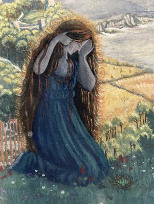 Lot 53 - Patience Mary Hallward (1892-1981) watercolour, Under the Oak Tree, signed and dated 1909 verso, 16.5cm x 12cm, glazed frame