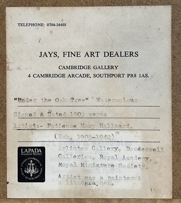 Lot 53 - Patience Mary Hallward (1892-1981) watercolour, Under the Oak Tree, signed and dated 1909 verso, 16.5cm x 12cm, glazed frame