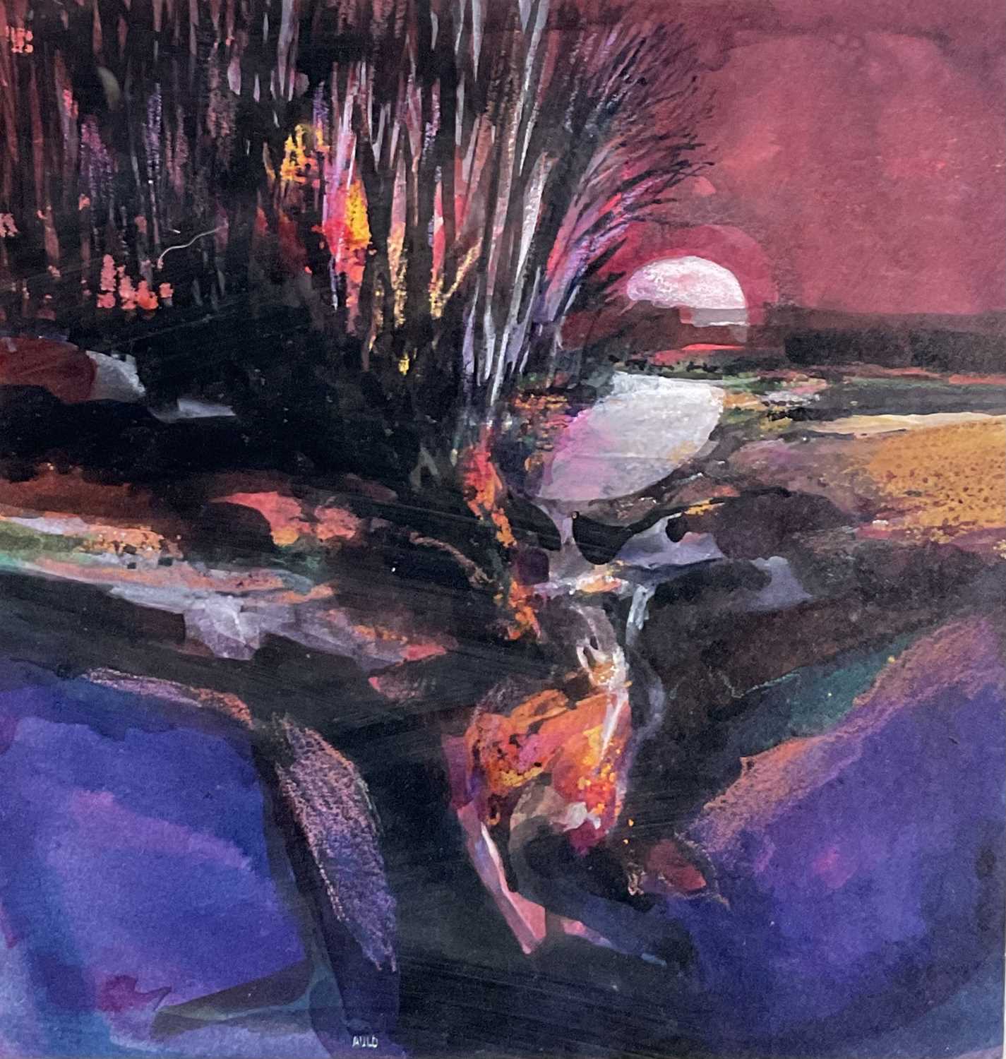 Lot 52 - Eric Auld (1931-2013) mixed media, Red Sky Full Moon Rising, signed, Royal Scottish Academy Exhibition 1971 label verso, 19.5cm x 18.5cm, glazed frame