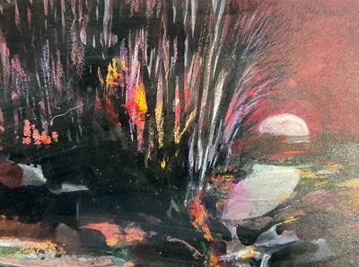 Lot 52 - Eric Auld (1931-2013) mixed media, Red Sky Full Moon Rising, signed, Royal Scottish Academy Exhibition 1971 label verso, 19.5cm x 18.5cm, glazed frame