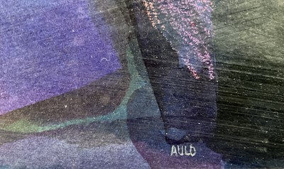 Lot 52 - Eric Auld (1931-2013) mixed media, Red Sky Full Moon Rising, signed, Royal Scottish Academy Exhibition 1971 label verso, 19.5cm x 18.5cm, glazed frame